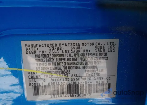 2022 Nissan Sentra Sv Xtronic Cvt z USA, uszkodzony, nr VIN 3N1AB8CV8NY303452